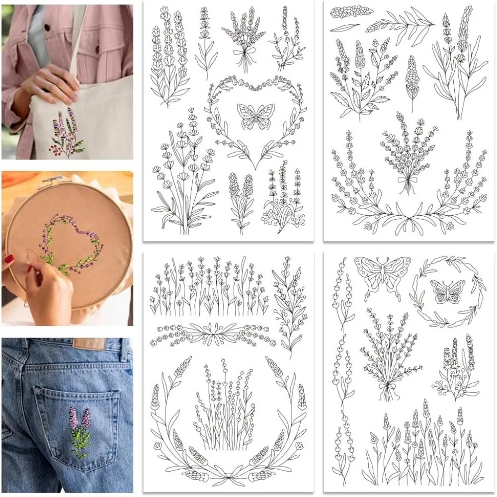 Embroidery Cloth - 4 листа, цветок лаванды, бабочка, водорастворимый